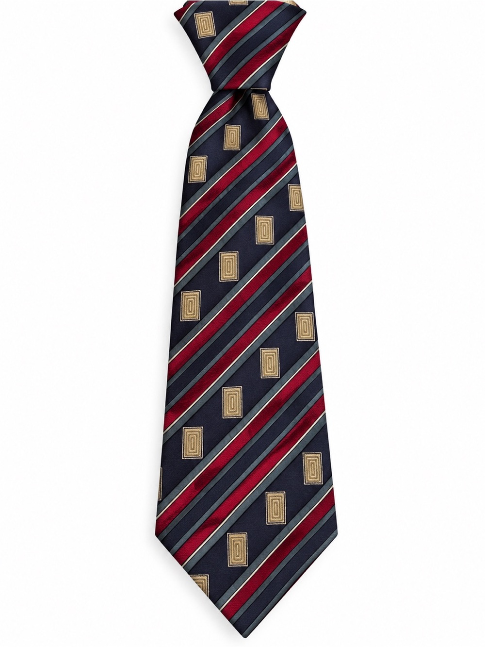 Men's Navy Tie with Burgundy Stripes and Gold Motif